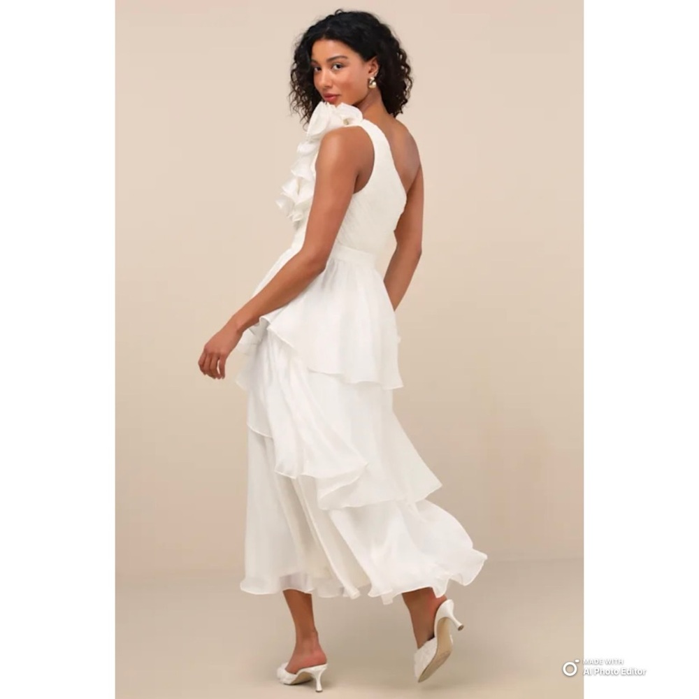 Lulus Large Lanelle Cream Ruffled One Shoulder Midi Dress NWOT Whimsical Tiered - Picture 6 of 17